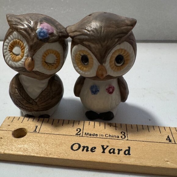 Vintage Owls Salt Pepper Shakers Stoppers Brown Ceramic Kitschy Korea 2.75" MCM - Picture 8 of 8